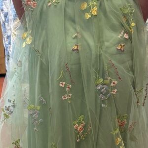 Floral Embroidered Green Prom Dress